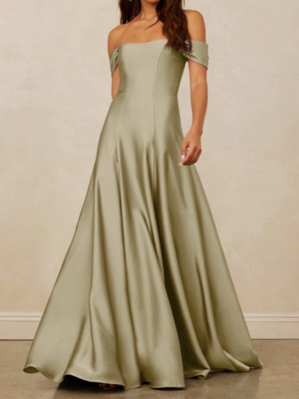Off-Shoulder Moss Green Azazie x Christian Siriano Dress